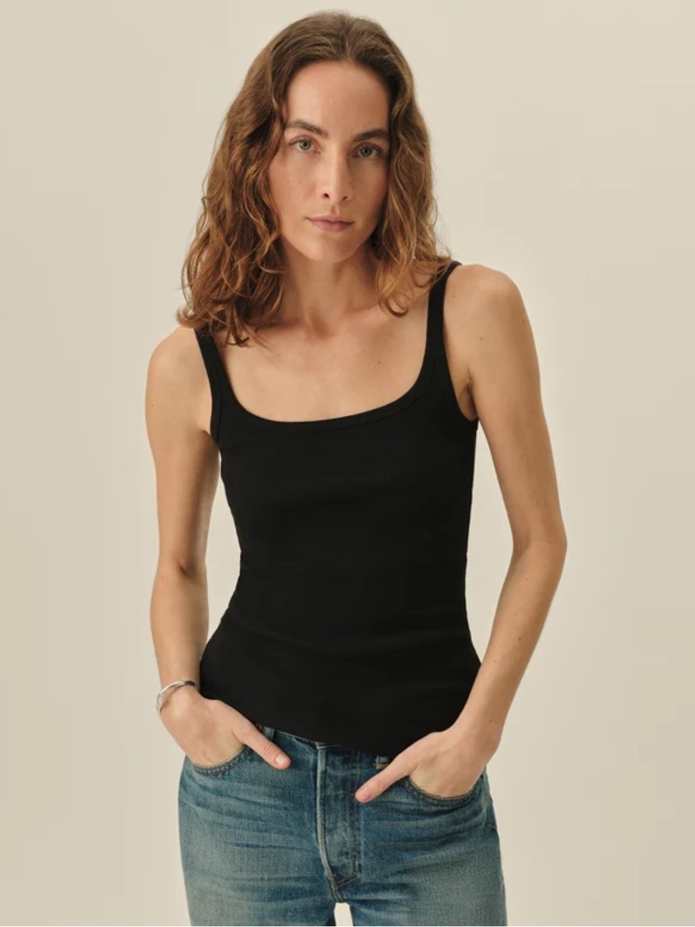Buck Mason black surplus rib scoop neck tank top size SM new minimalist stretch
